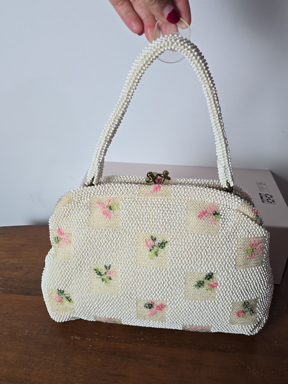 Cream Beaded Floral Wristlet Clutch with Top Handle